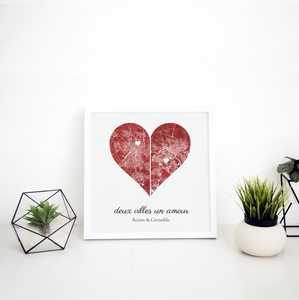 Carte personnalisée en cœur : Deux villes, un amour - Pour couples en relation à distance